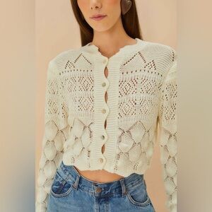 Farm Rio Off-White Mixed Lace Stitch Cardigan Button Front Size M